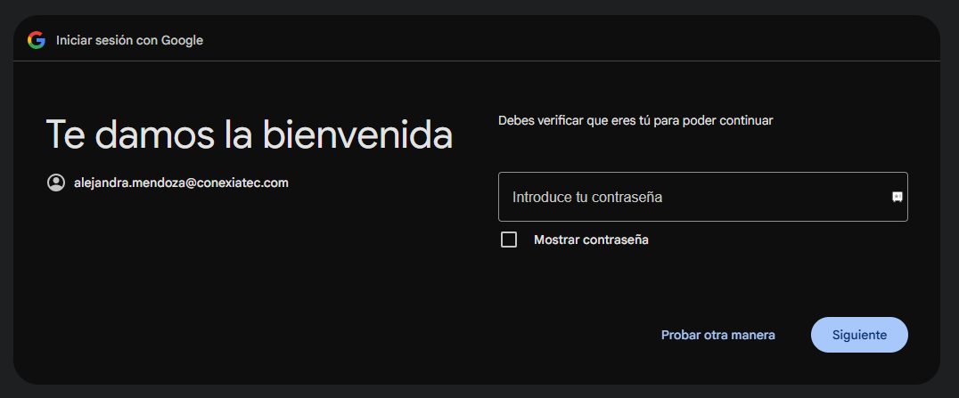 Formulario de Google solicitando la contraseña.