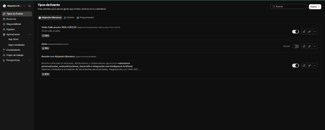 Pantalla principal de la plataforma con el menú lateral de configuración.