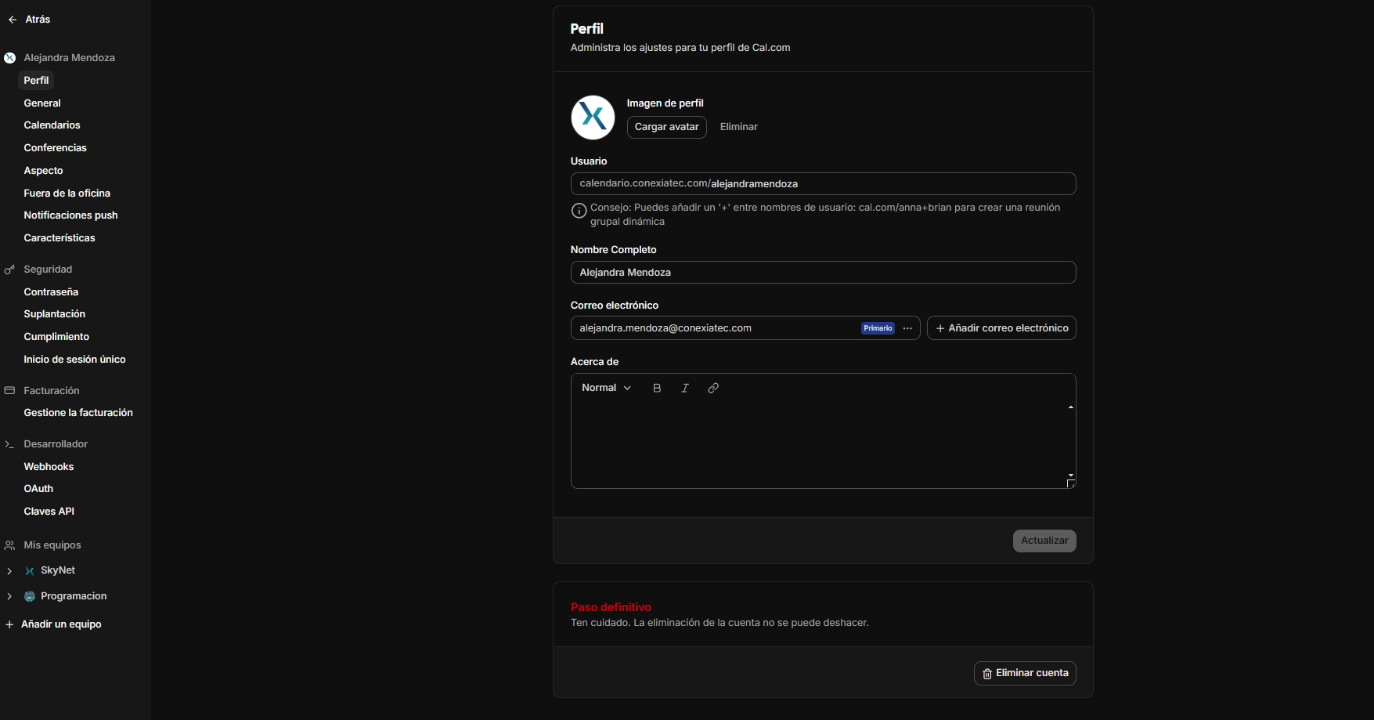 Vista ampliada del menú principal de la plataforma.