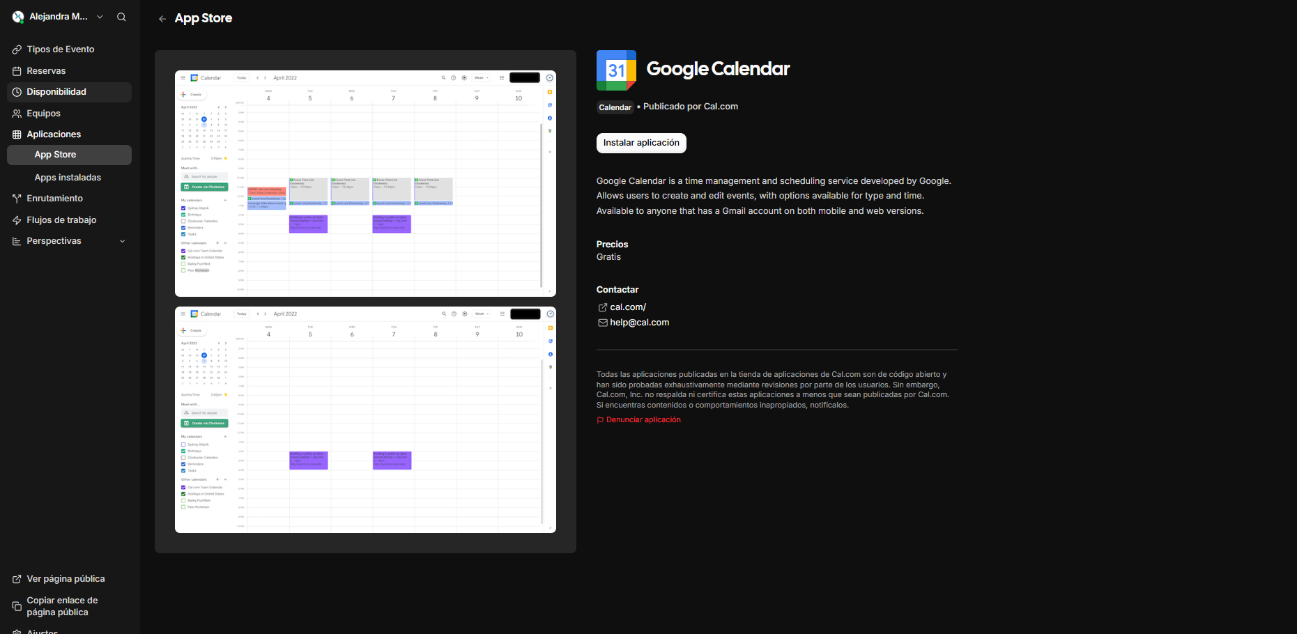 Listado de aplicaciones con Google Calendar disponible para instalar.