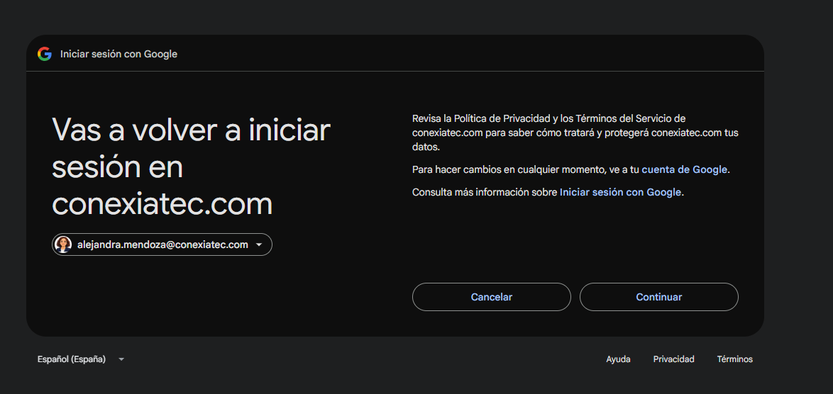 Pantalla de Google para seleccionar la cuenta a autorizar.
