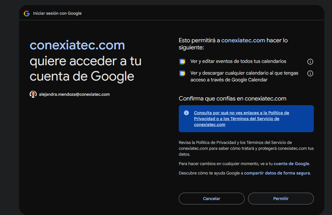 Pantalla de autorización de permisos de Google Calendar.