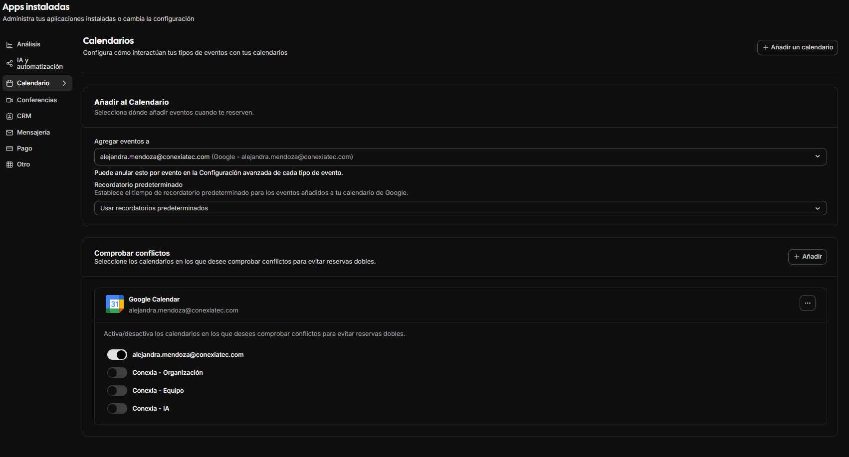 Selección de calendarios a sincronizar con la plataforma.