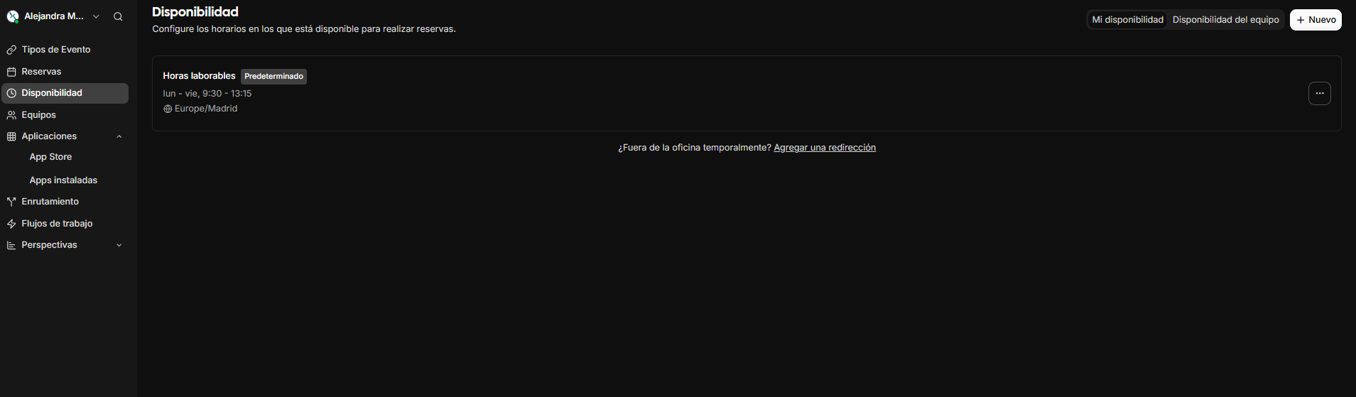 Vista de la pestaña disponibilidad con los horarios configurados.