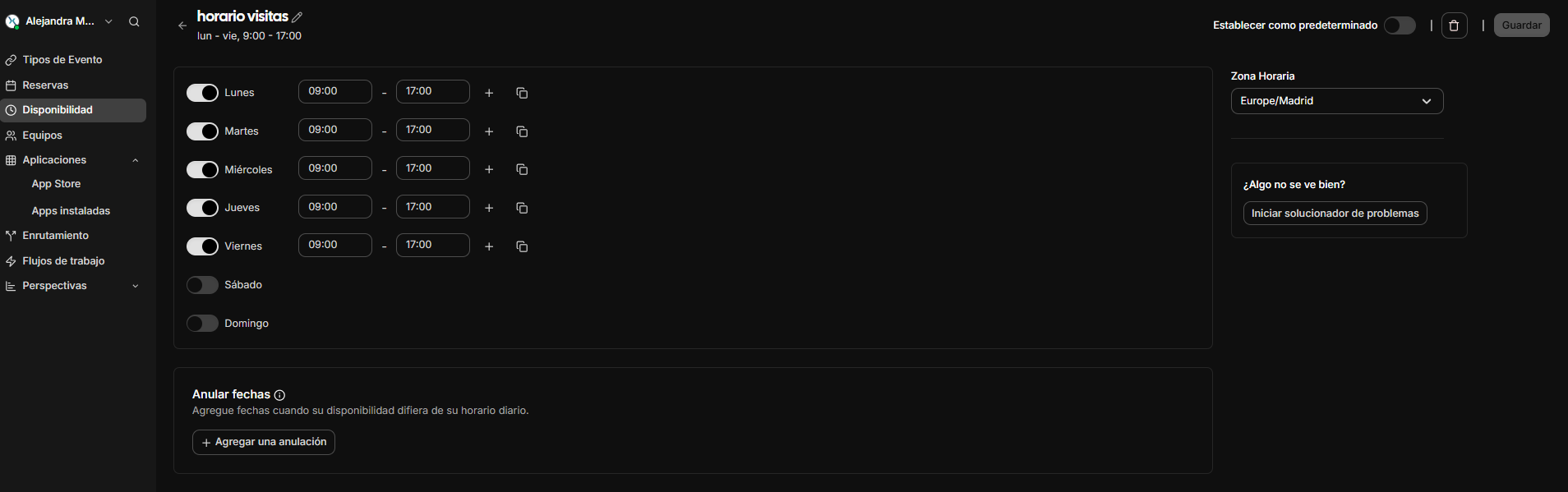 Grilla de horarios por día de la semana.