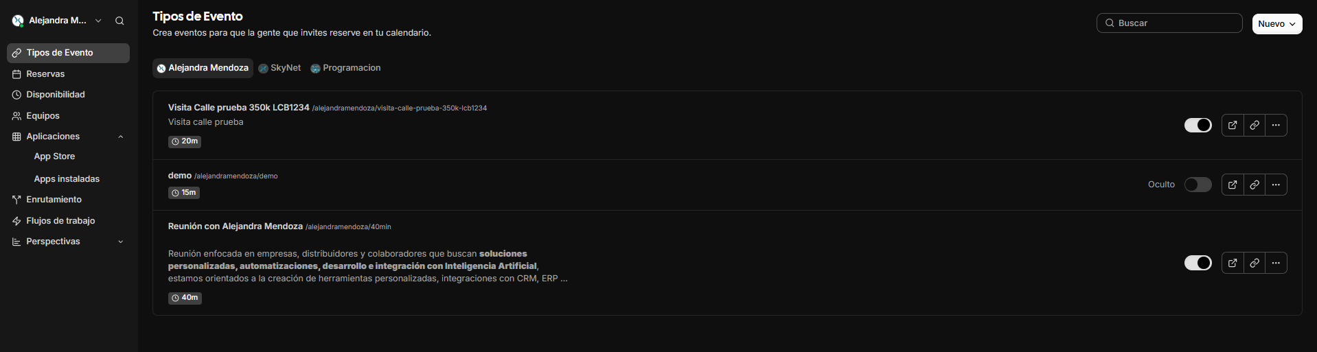 Pantalla de tipos de eventos de la plataforma.