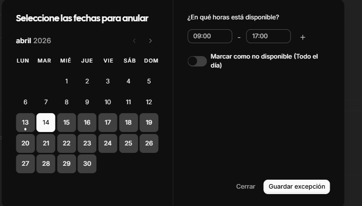 Calendario de anulación con selección de fechas.