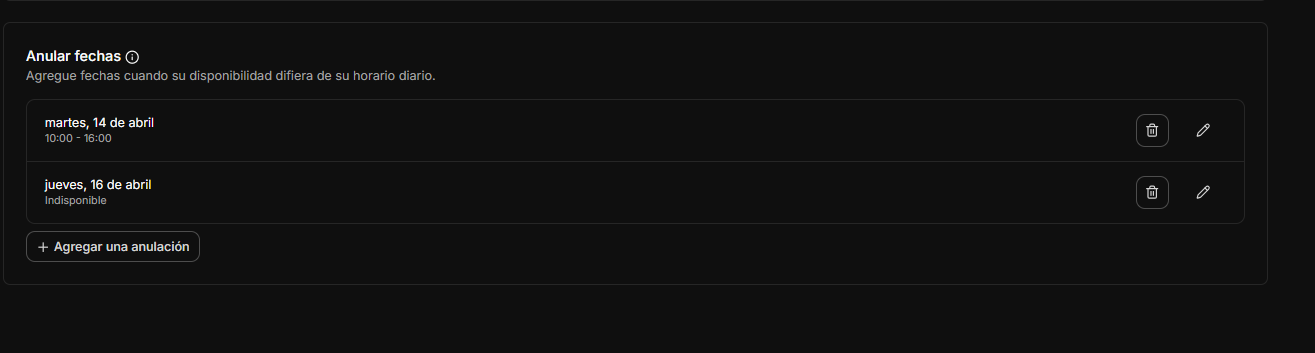 Listado de anulaciones aplicadas en la disponibilidad.