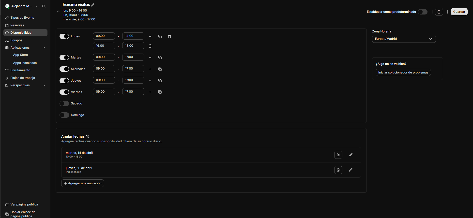 Botón guardar disponibilidad al final del formulario.