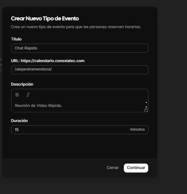 Formulario de creación de un tipo de evento.