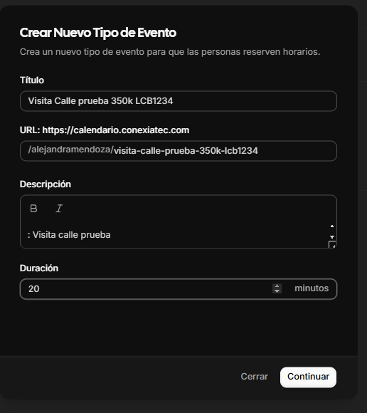 Formulario con los campos título, descripción, duración y URL rellenados.