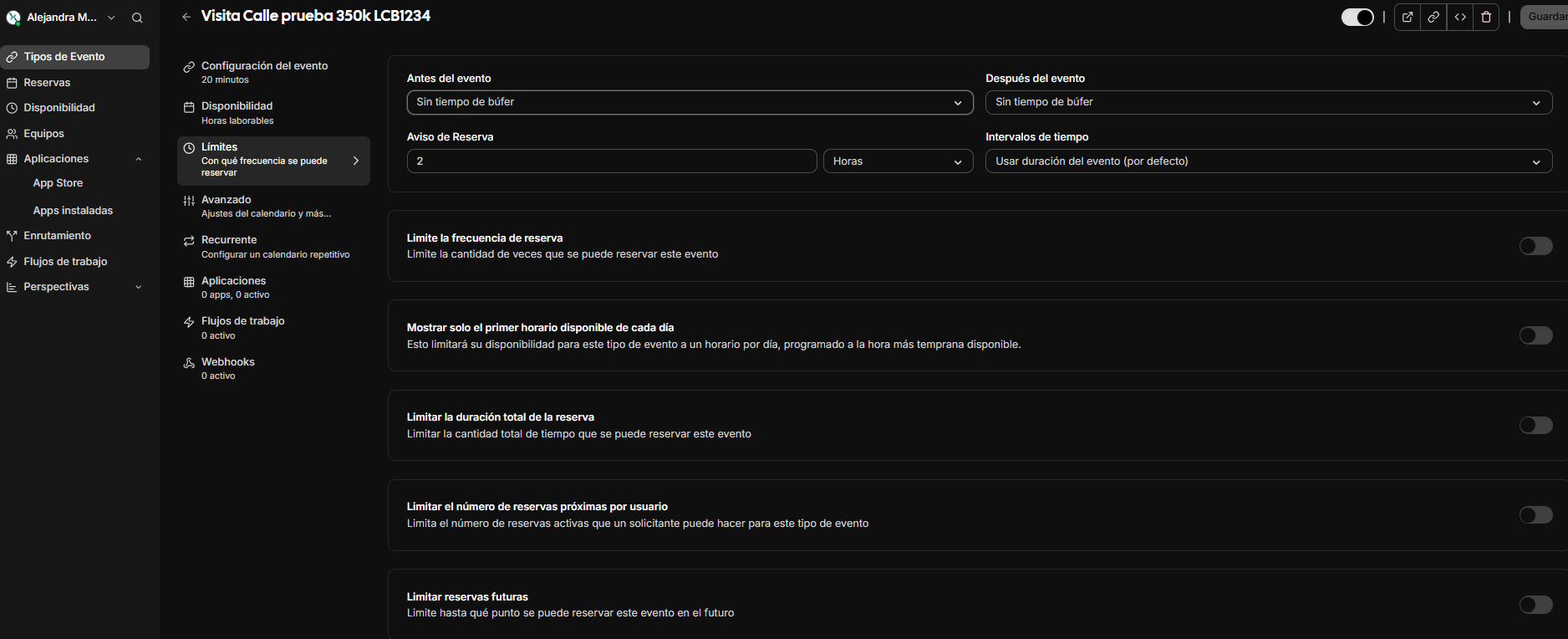 Panel de configuración de límites del evento.