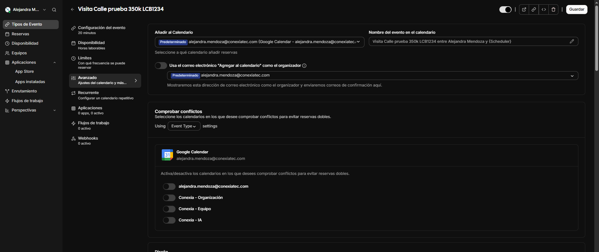 Pestaña opción avanzado del evento.