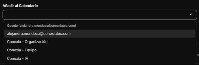 Selector de calendario a sincronizar en la opción avanzado.