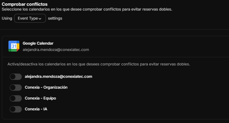 Lista de calendarios para comprobar conflictos.
