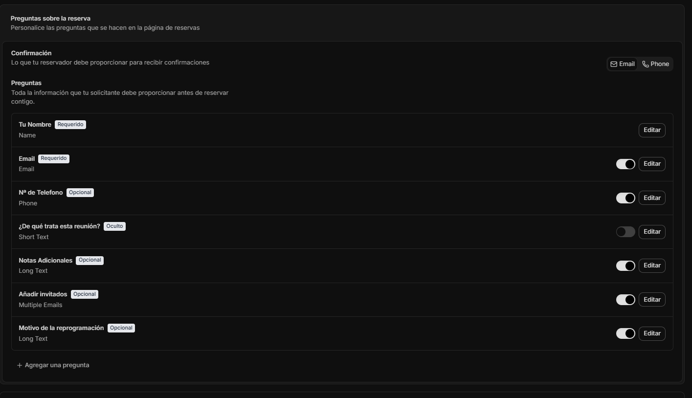 Listado de preguntas activas para el cliente.