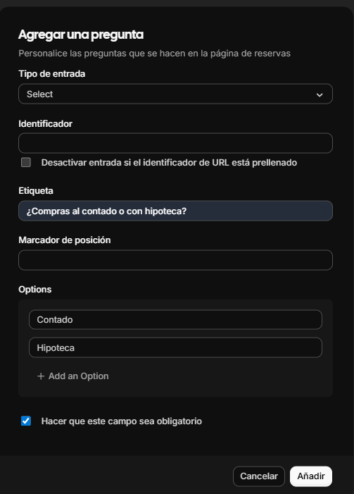 Formulario de configuración de pregunta tipo select.