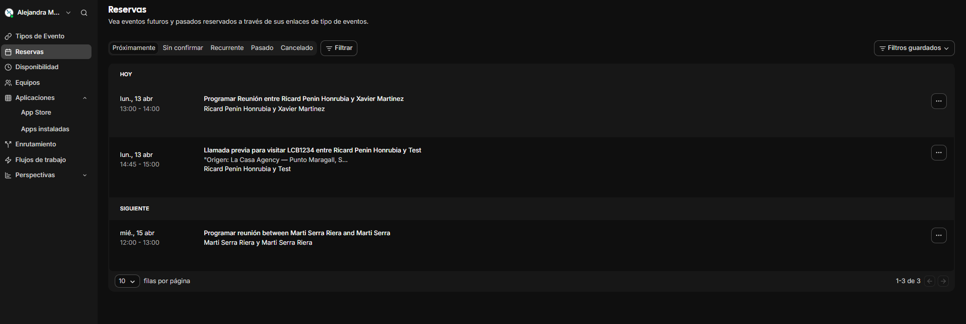 Listado de reservas con estados programada, pendiente y cancelada.