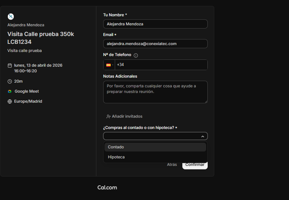 Formulario para confirmar la fecha y hora seleccionadas.
