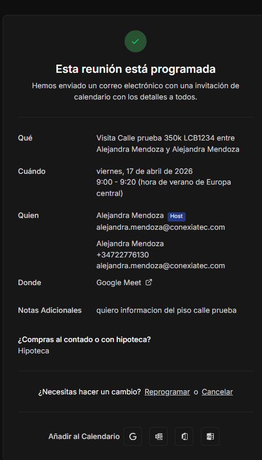 Pantalla de confirmación de reserva vista por el cliente.