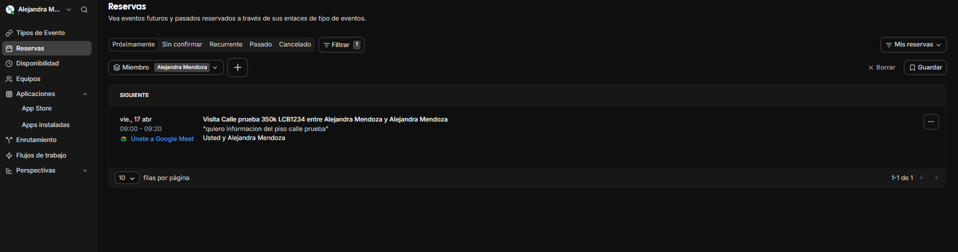 Detalle de una reserva hecha con los datos del cliente.